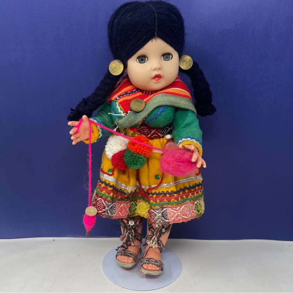 Peruvian Traditional Doll 12” w/ Stand Vintage Souvenir